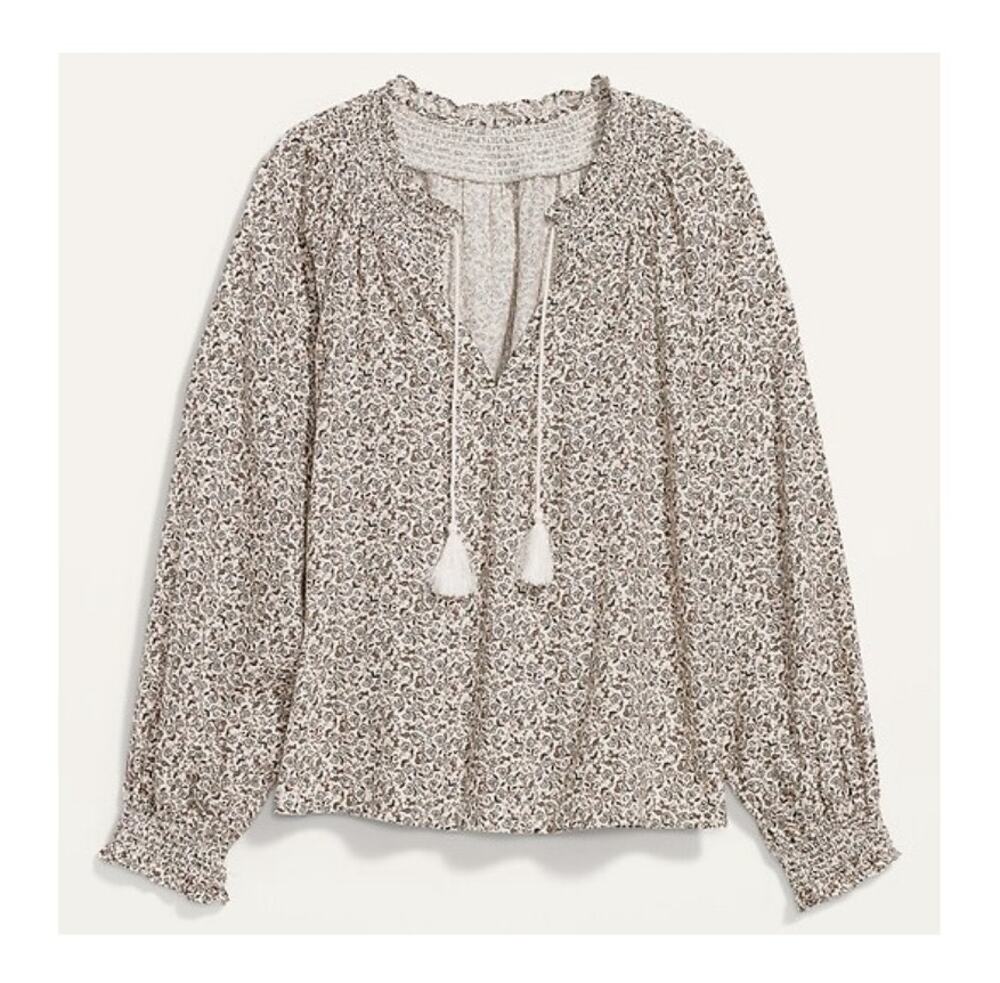 Old Navy Oversized Long-Sleeve Smocked Linen Blend Top